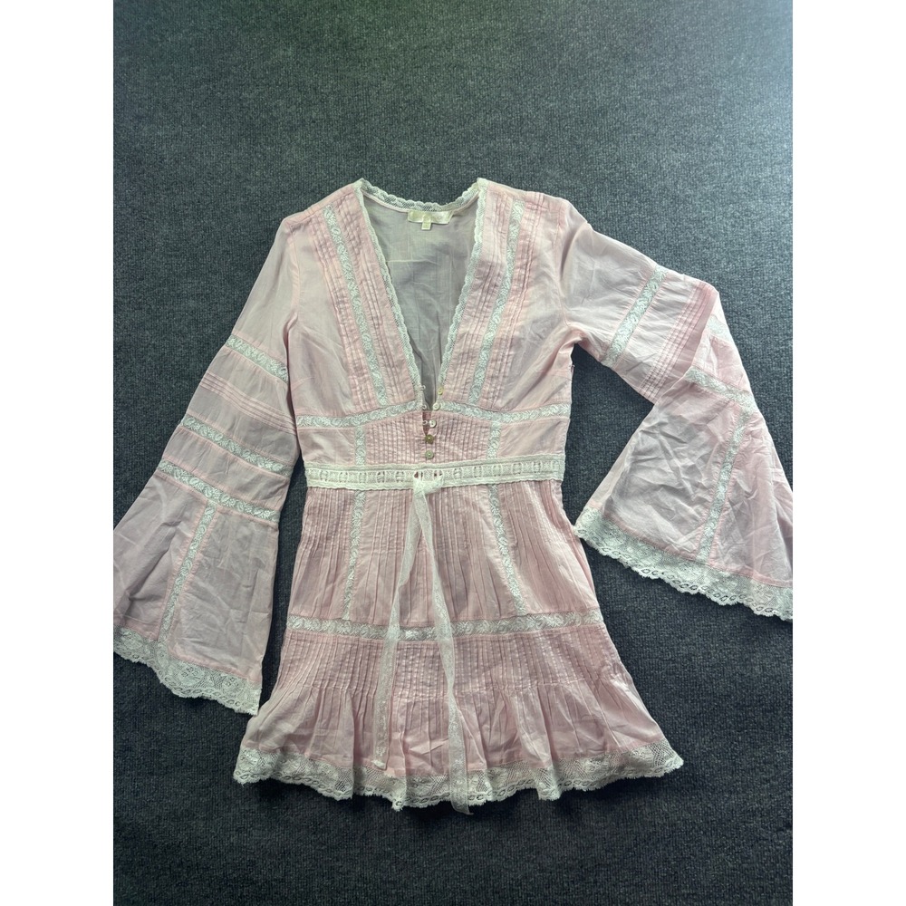 LoveShackFancy Mini Dress Women 2 Pink Lace Trim Bell Sleeve Pleated Cotton